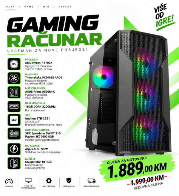 Gaming računar Ryzen 7 5700X RX 7600 8GB
