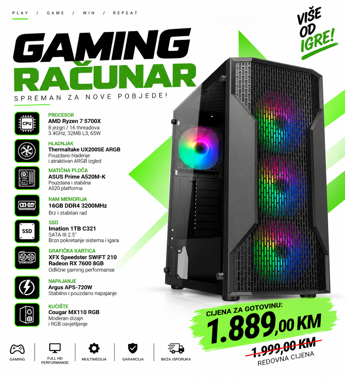 Gaming računar Ryzen 7 5700X RX 7600 8GB