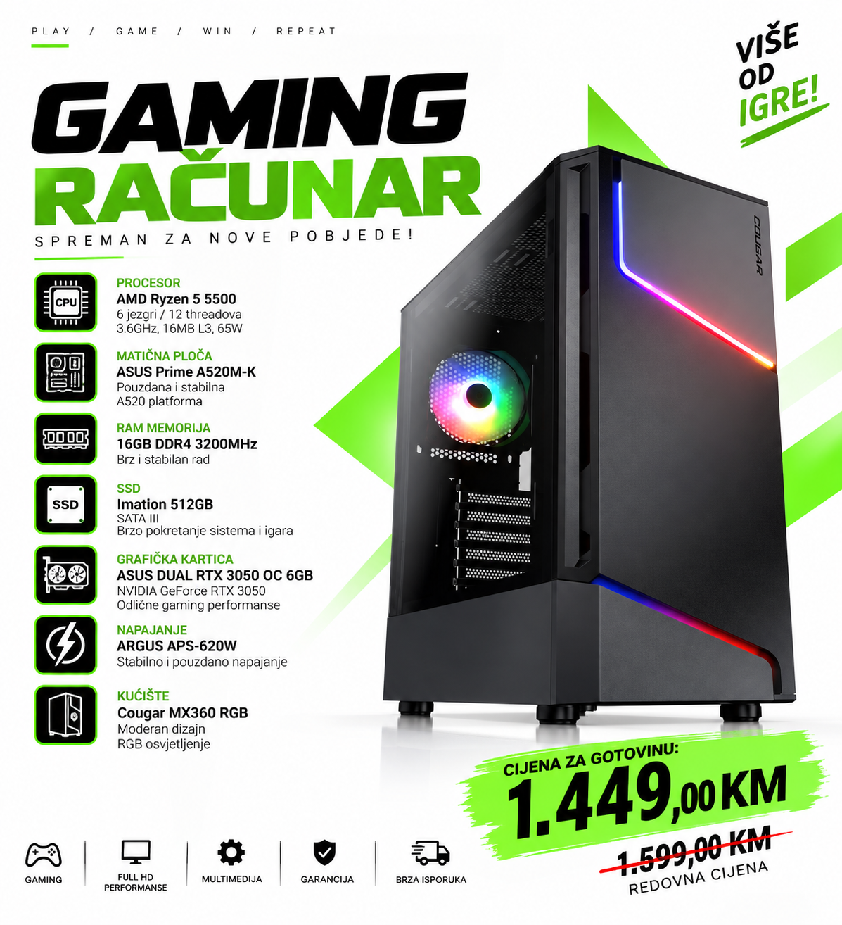 Gaming računar Ryzen 5 5500 RTX 3050 6GB